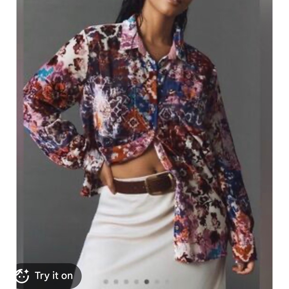 Pilcro Anthropologie‎ Hadley boho whimsi Velvet velvet Shirt Floral Patchwork XS